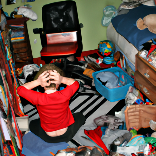 תמונה 1: ילד בחדר מבולגן נראה המום, מדגיש את החשיבות של סדר החדר.